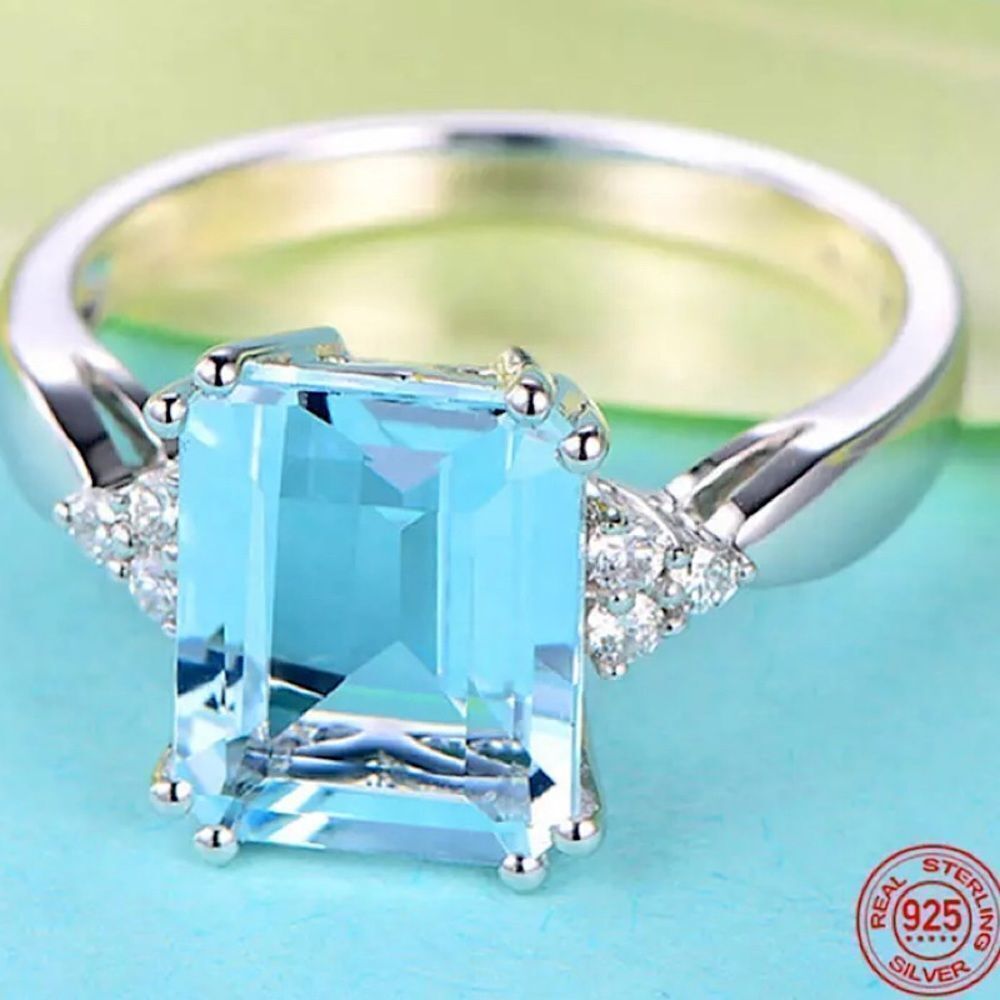 ❤️062❤️ 925 Sterling Silver Aquamarine Gemstone Diamond Ring - Picture 6 of 16
